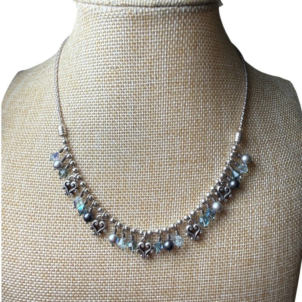 Brighton Silver Grey Pearl Blue Crystal Heart Charm Bib Necklace Vintage Style